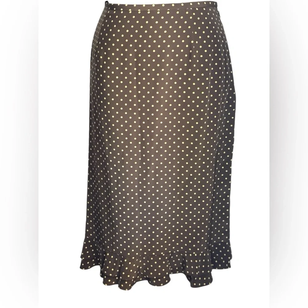 Kate Hill  Brown Polka Dot 100% Silk Skirt Straight Ruffle Bottom Sz 8 preloved - Picture 4 of 8